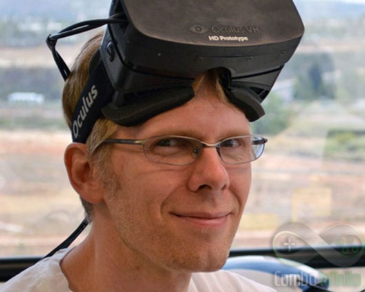 Carmack todo meninão, com o Oculus Rift na cabeça.
