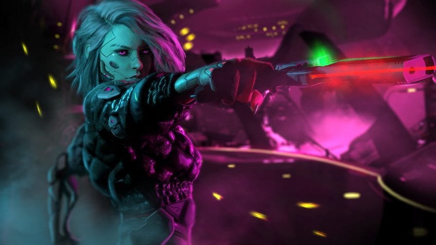 Uma mulher de cabelo branco com arma na mão de Cyberpunk 2077