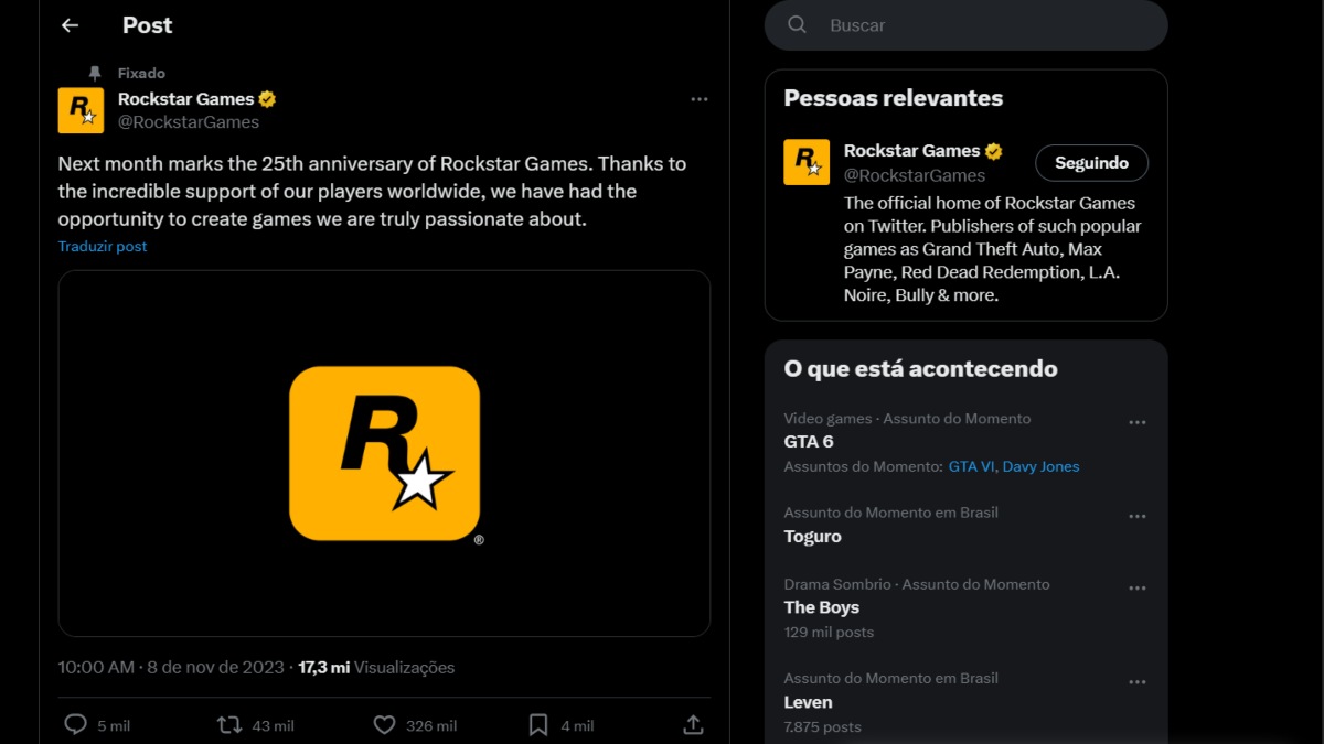 Rockstar anuncia GTA 6 oficialmente e confirma primeiro trailer em dezembro